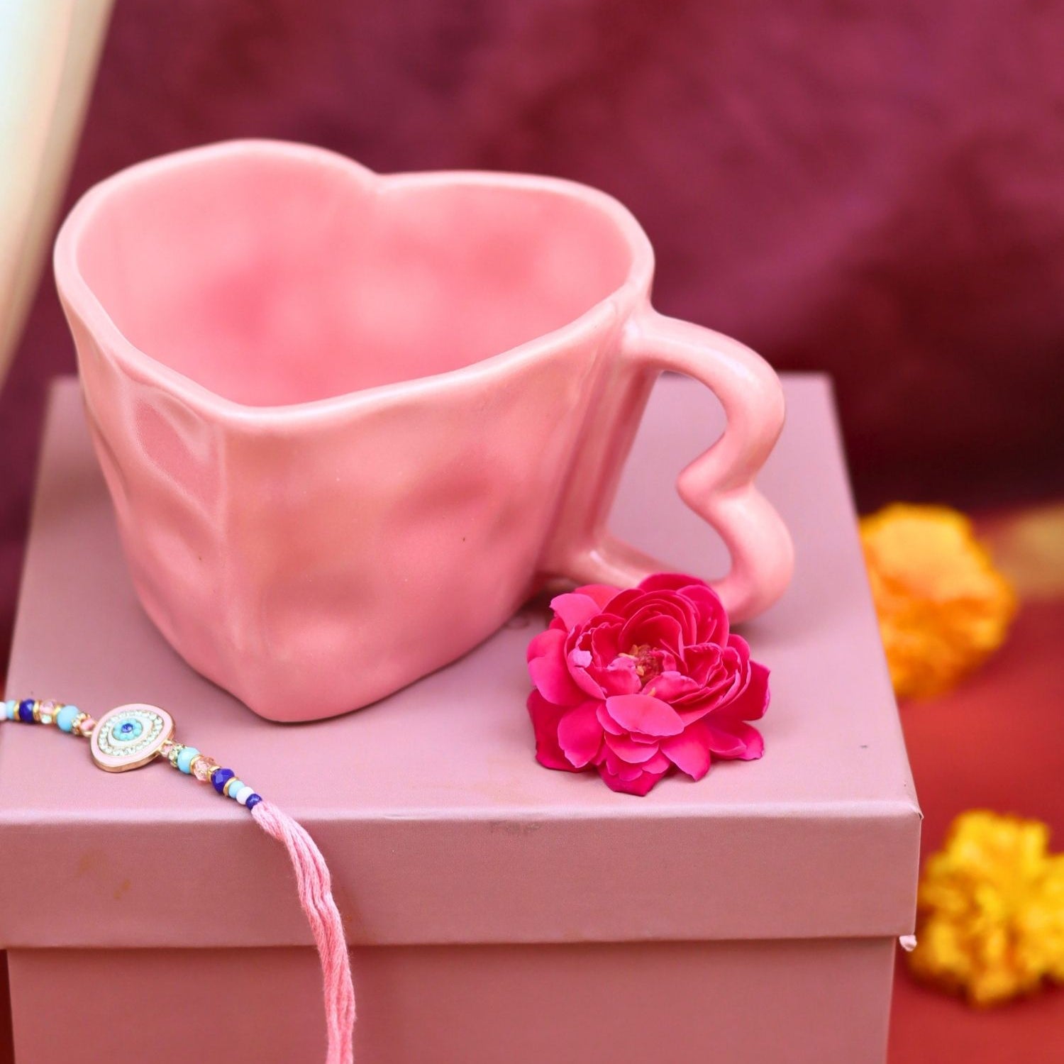 Dusty Pink Heart Mug Rakhi Gift Box made by ceramic
