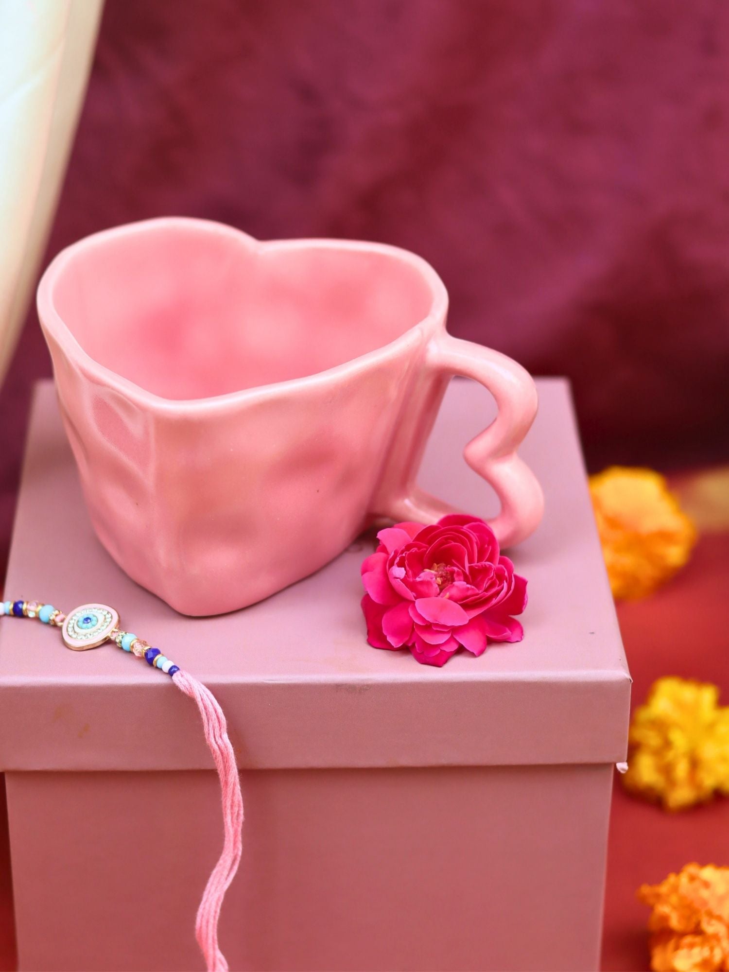 Dusty Pink Heart Mug Rakhi Gift Box made by ceramic