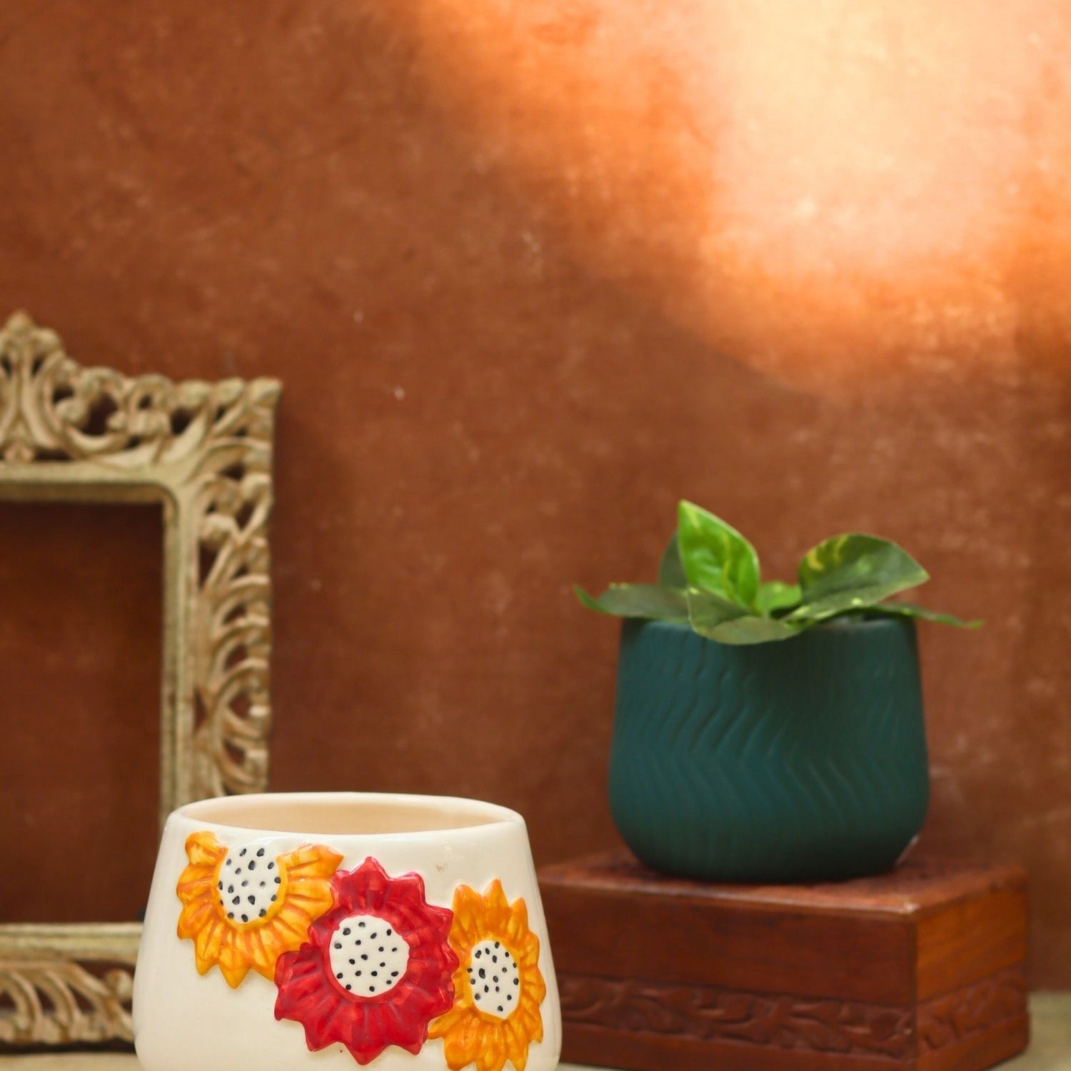 Set of 2 - Floral Bliss & Essential teal planter combo made by ceramic