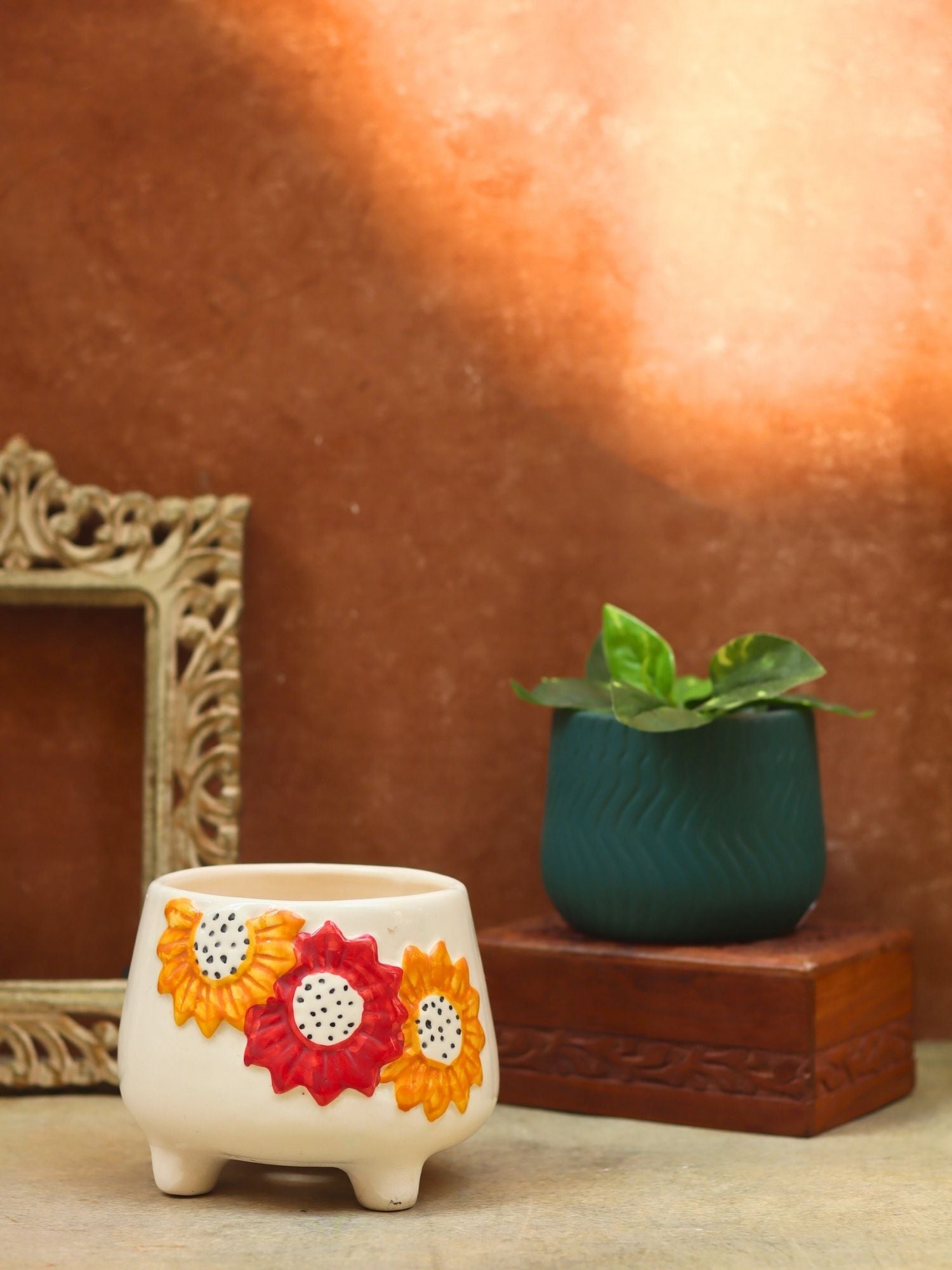 Set of 2 - Floral Bliss & Essential teal planter combo made by ceramic