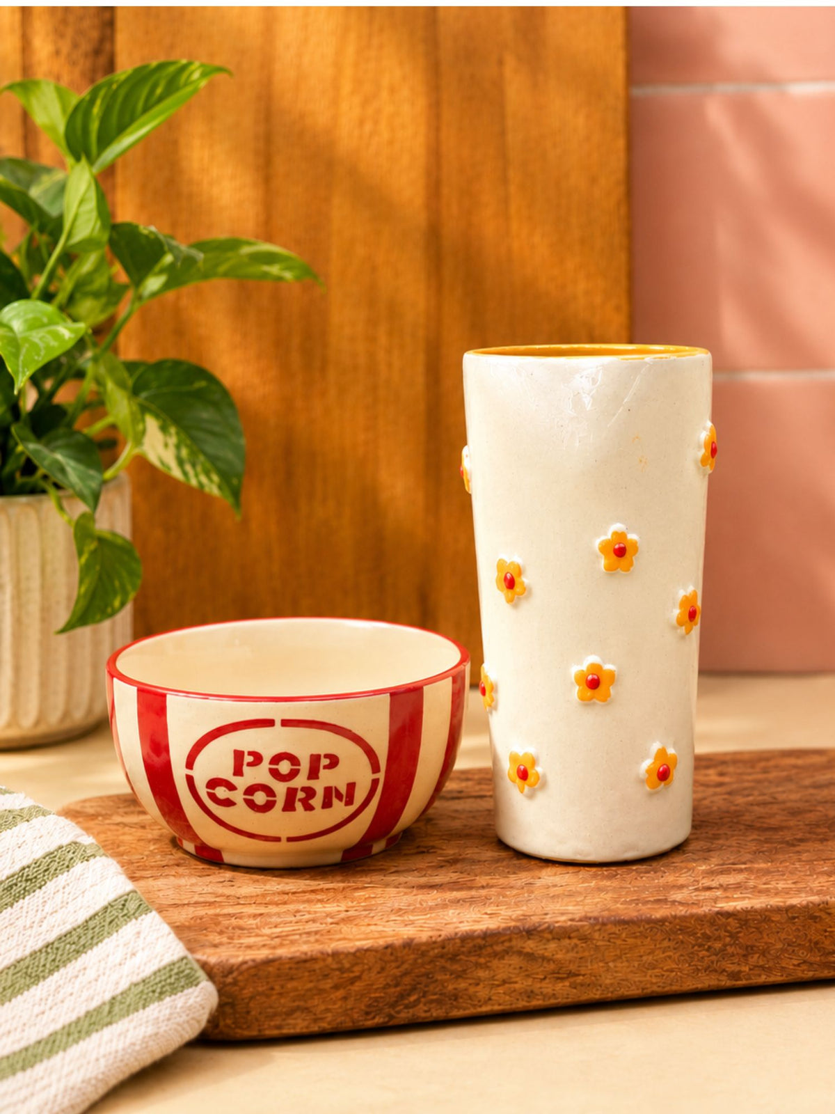 Handmade Set of 2 - Basic Popcorn Bowl & Yellow Spring Tumbler Combo