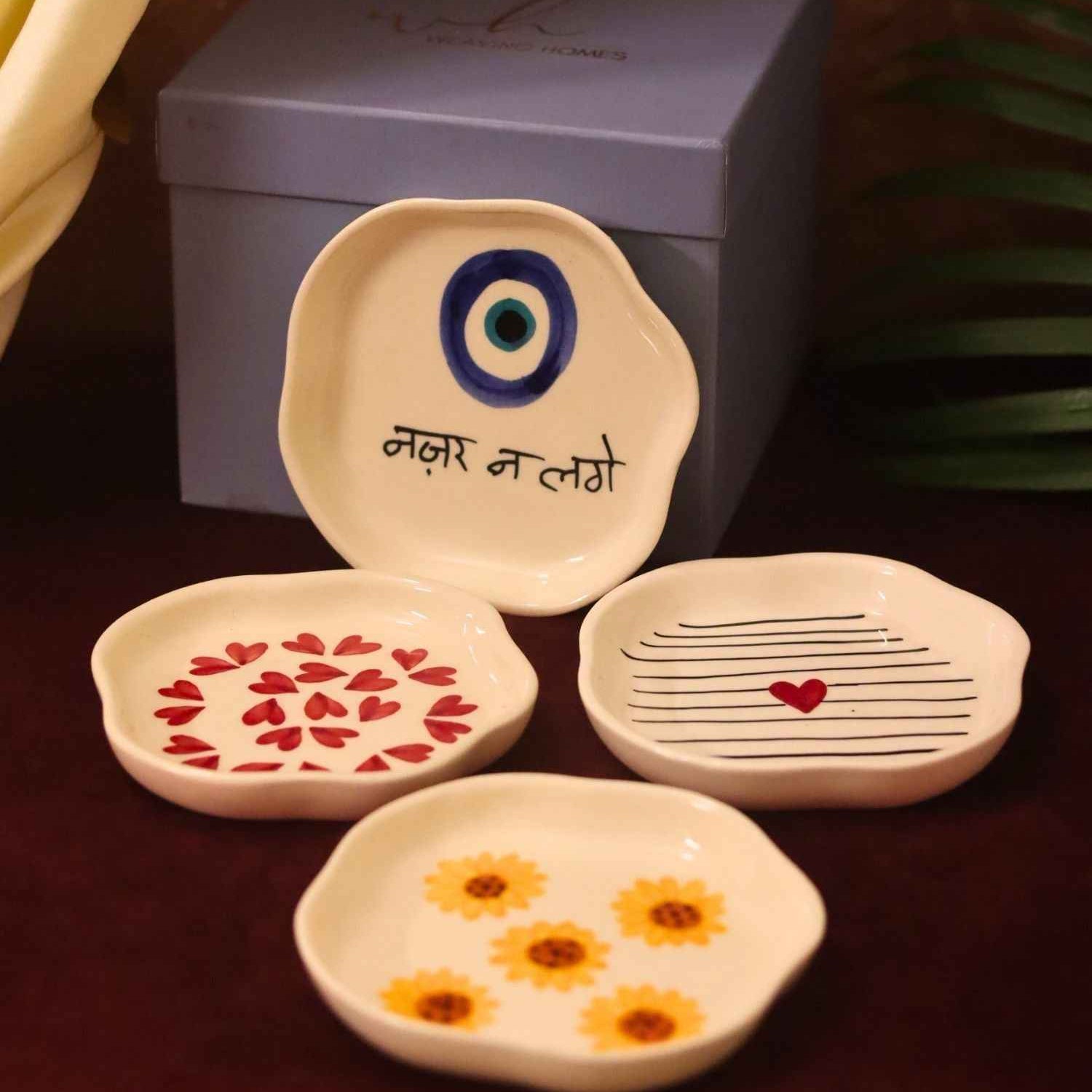 Set of 4 - Heart, Striped heart, Surajmukhi & Nazar handmade dessert plate combo in a Gift box