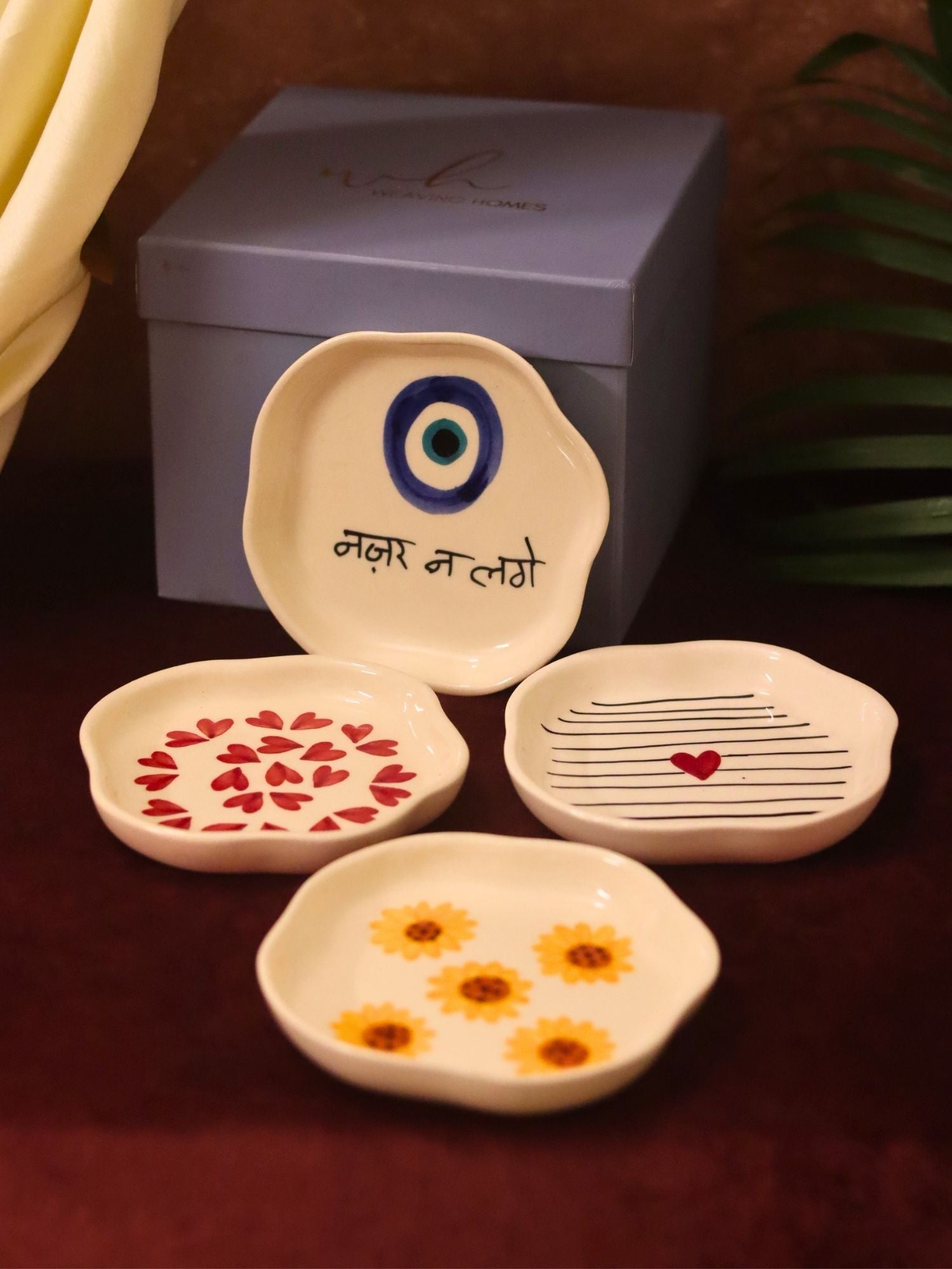 Leaf free Set of 4 - Hear, Striped heart, Surajmukhi & Nazar handmade dessert plate combo in a Gift box