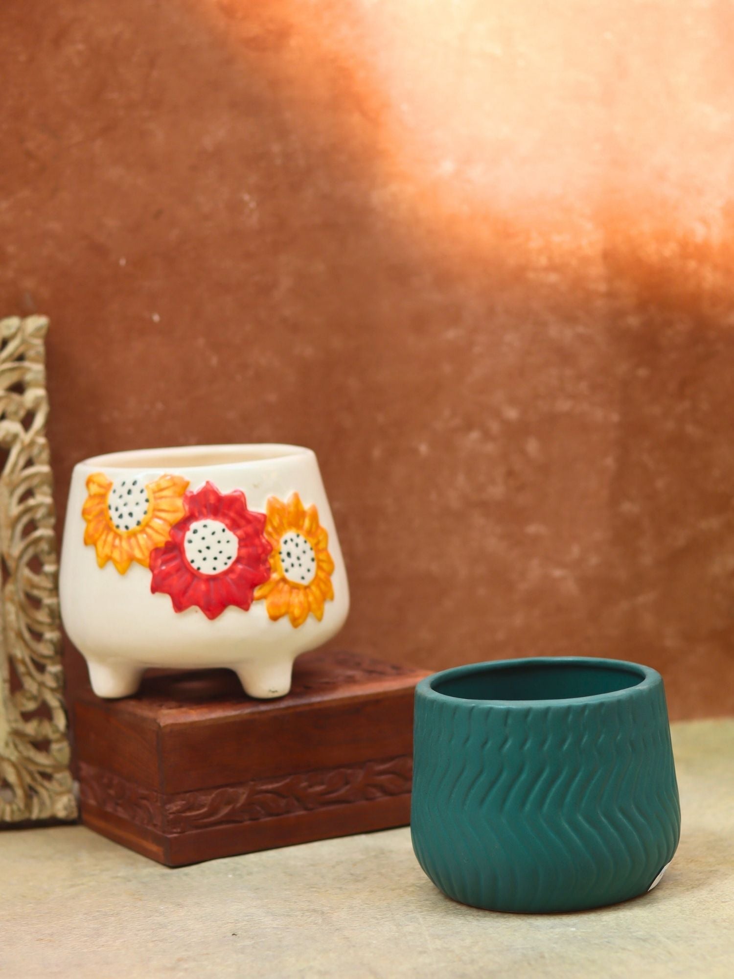 Set of 2 - Floral Bliss & Essential teal planter combo with premium quality material