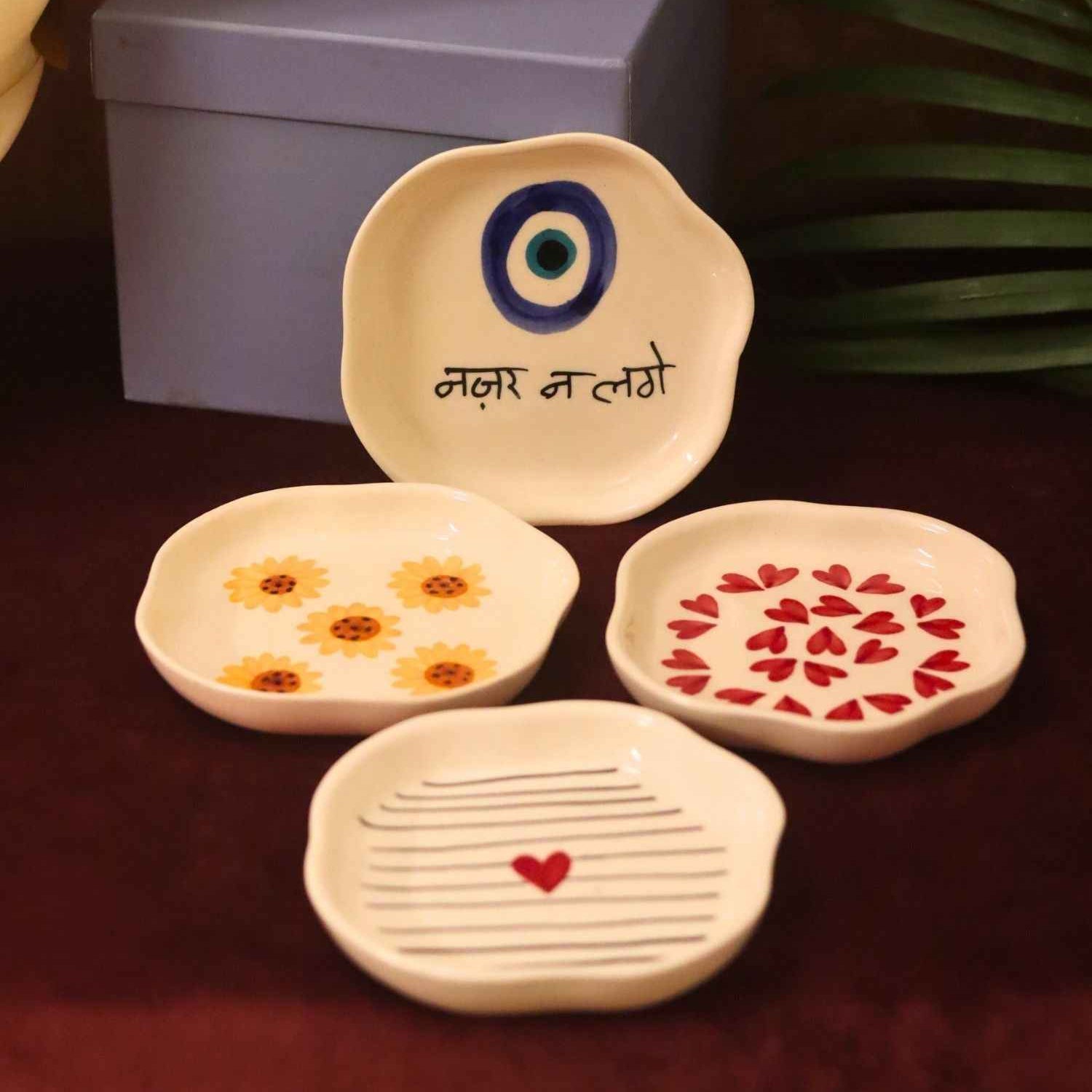 Set of 4 - Heart, Striped heart, Surajmukhi & Nazar handmade dessert plate combo in a Gift box