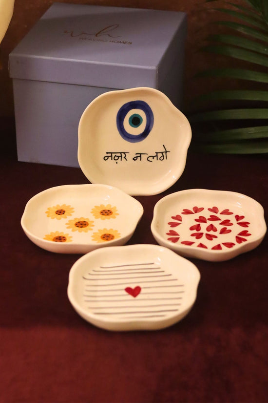 Set of 4 - Hear, Striped heart, Surajmukhi & Nazar handmade dessert plate combo in a Gift box made by ceramic