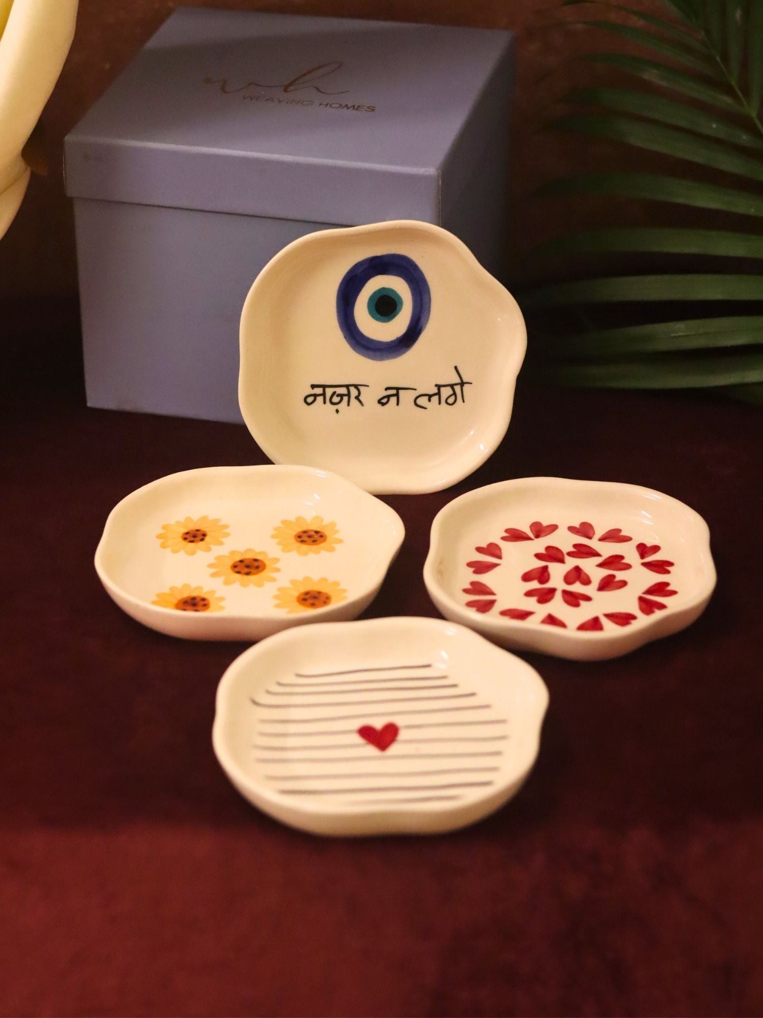 Set of 4 - Hear, Striped heart, Surajmukhi & Nazar handmade dessert plate combo in a Gift box made by ceramic