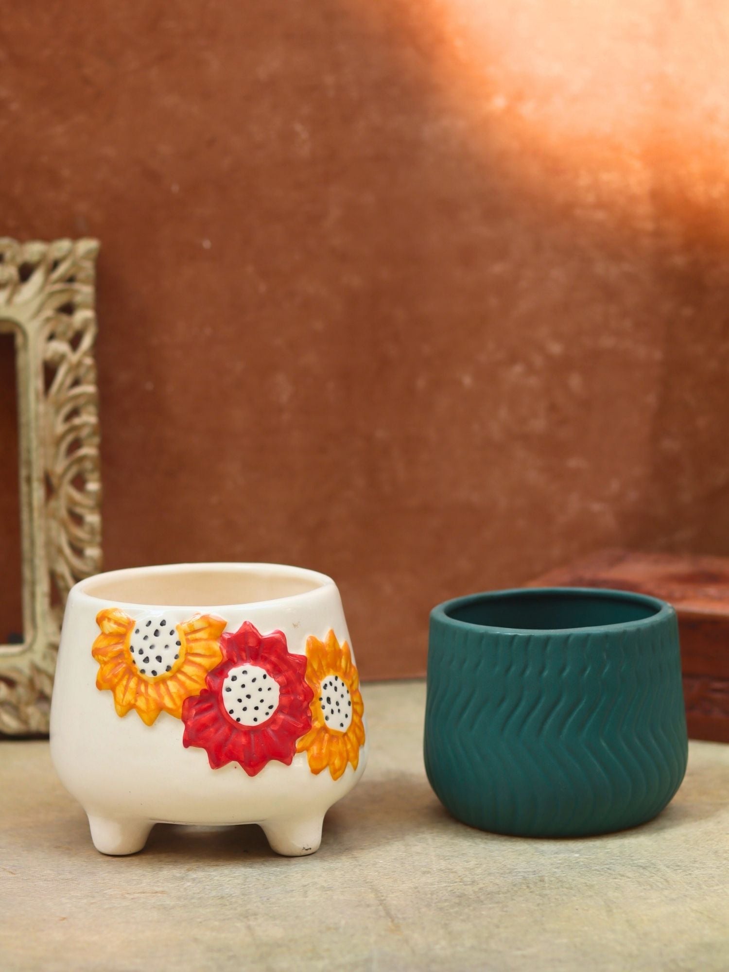 Set of 2 - Floral Bliss & Essential teal planter combo handmade in india