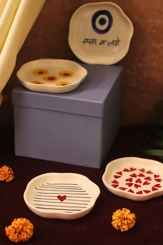 Set of 4 - Hear, Striped heart, Surajmukhi & Nazar handmade dessert plate combo in a Gift box with premium quality material