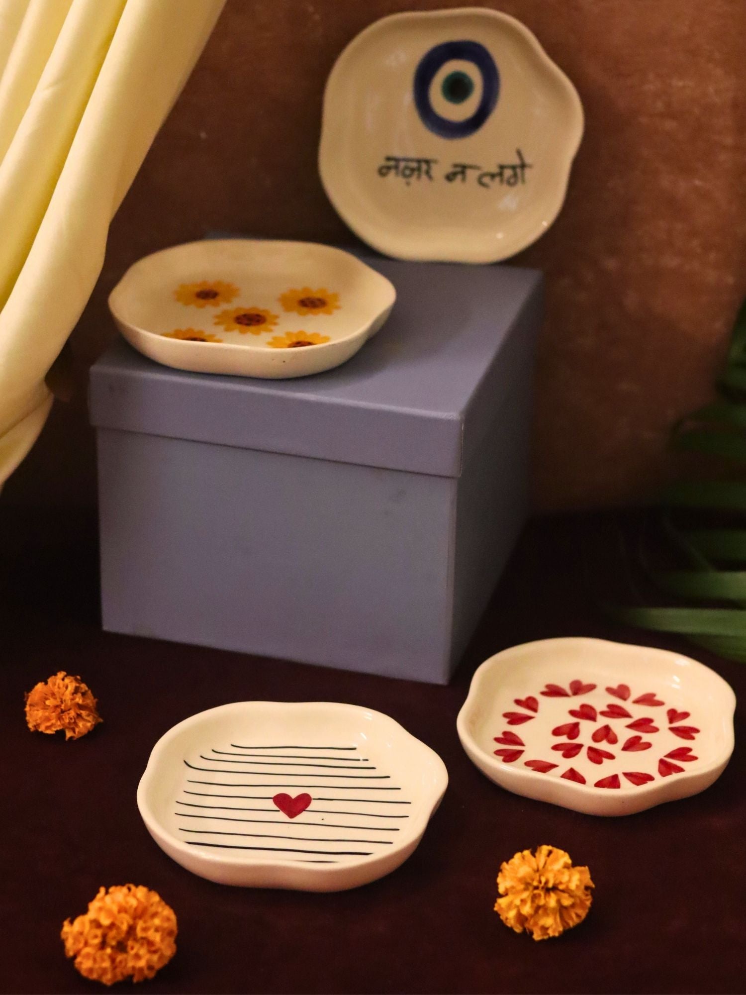 Set of 4 - Hear, Striped heart, Surajmukhi & Nazar handmade dessert plate combo in a Gift box with premium quality material