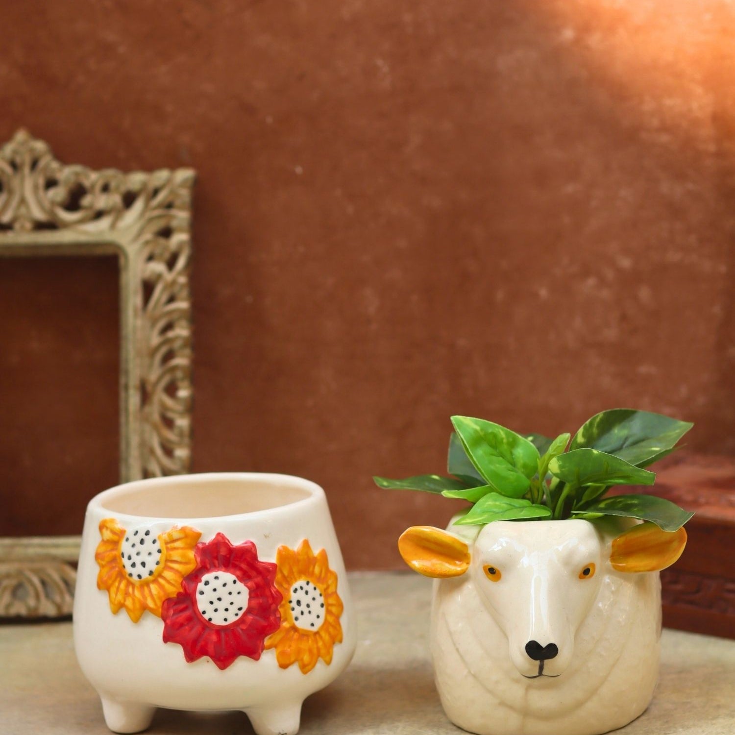 handmade Set of 2 - Floral Bliss & Cow planter combo