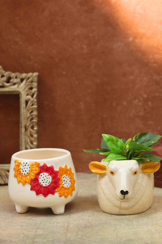handmade Set of 2 - Floral Bliss & Cow planter combo