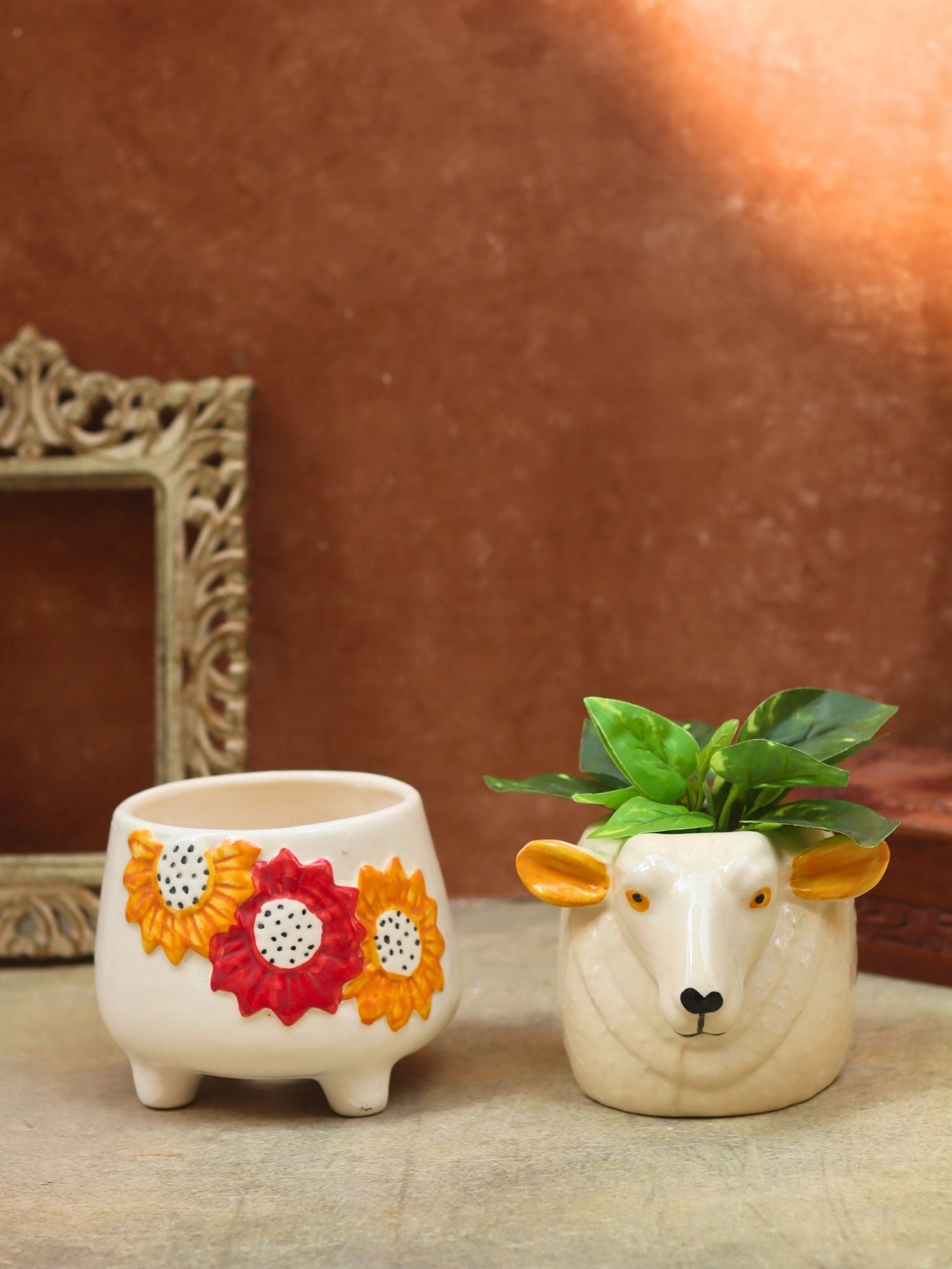 handmade Set of 2 - Floral Bliss & Cow planter combo