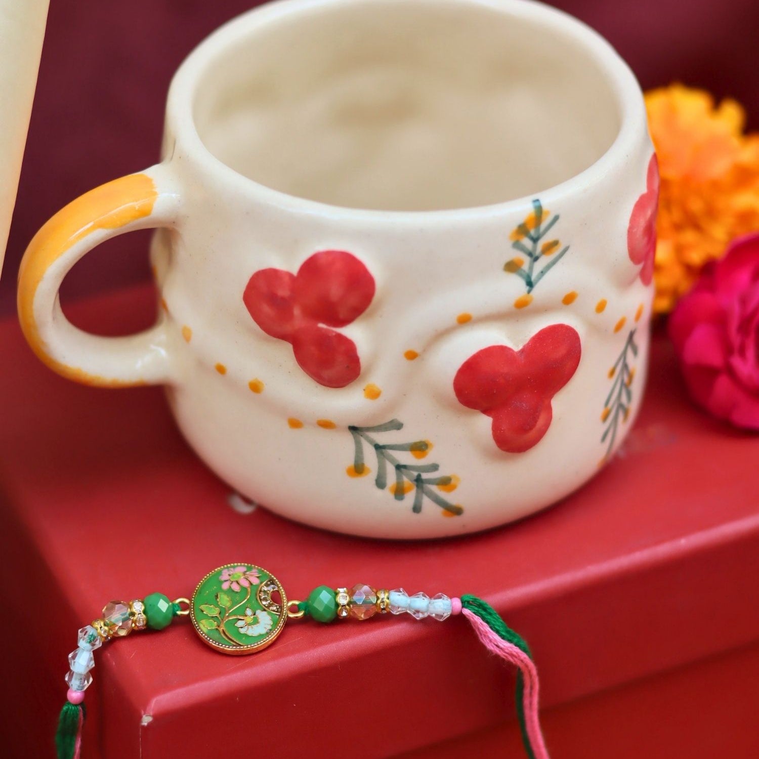 Cherry Mug Rakhi Gift Box made by ceramic