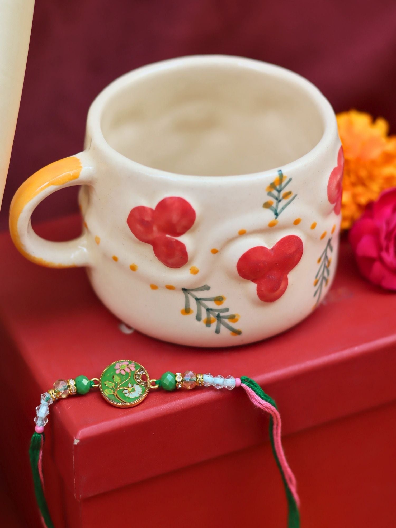 Cherry Mug Rakhi Gift Box made by ceramic