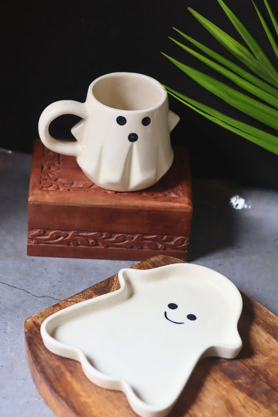 Spooky Ghost Mug & Handmade Dessert Plate made by ceramic