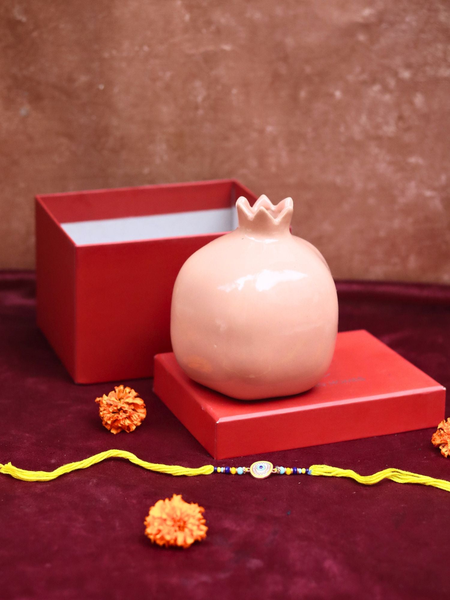 Peach Anar vase Rakhi Gift Box made by ceramic