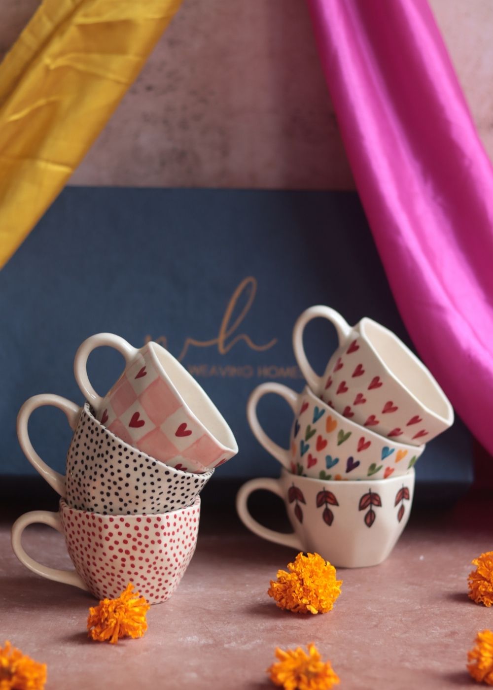 Set of 6 Heart & Polka Artful Mugs (for the price of 5) Diwali Gift Box premium quality gift hamper