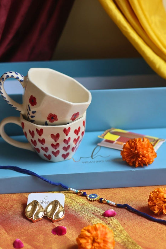 Rakhi Heart & Spring Mug gift box with Rakhi & Earrings handmade in India