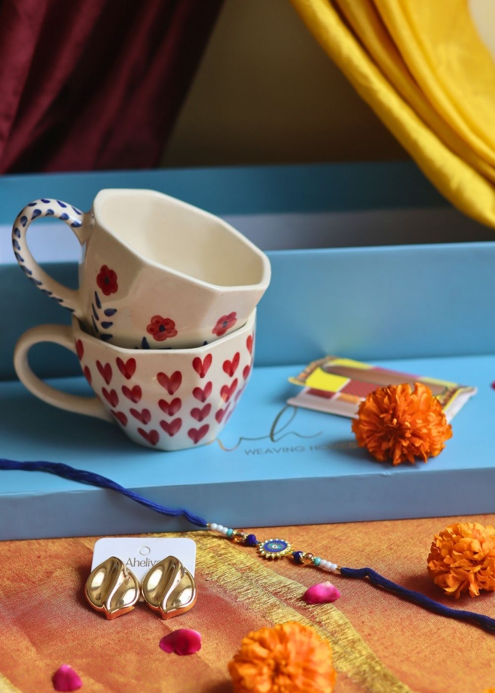 Rakhi Heart & Spring Mug gift box with Rakhi & Earrings handmade in India