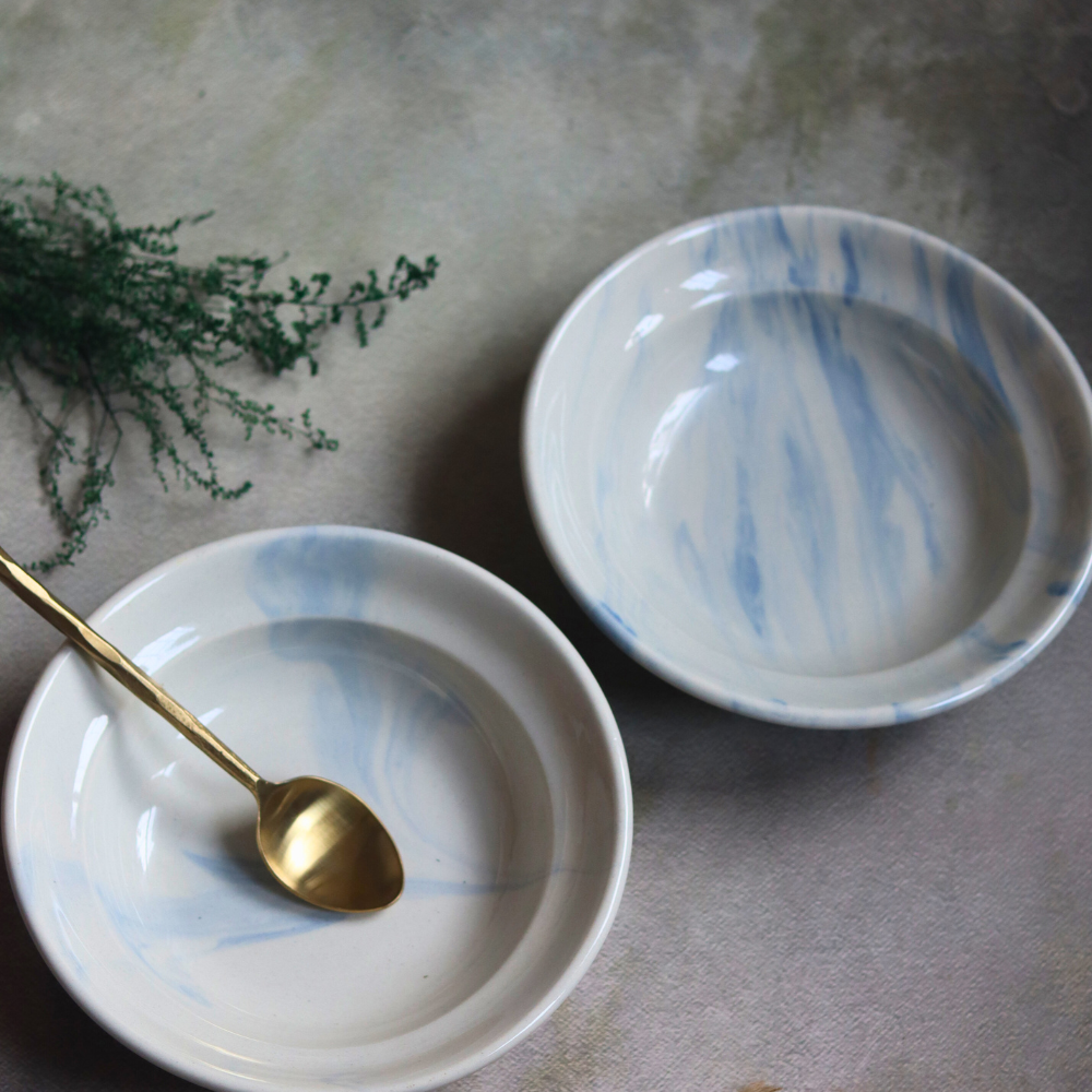 Blue marble ceramic pasta plates 