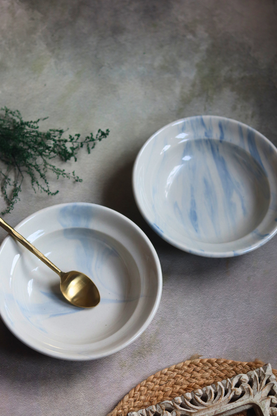 Blue marble ceramic pasta plates 