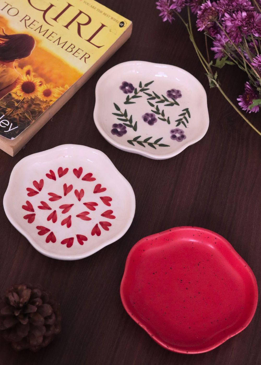 Red, All heart & Lavender Fields Handmade Dessert Plates  - Set of 3 with premium quality material