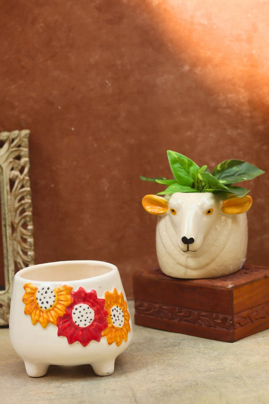 Set of 2 - Floral Bliss & Cow planter combo made by ceramic