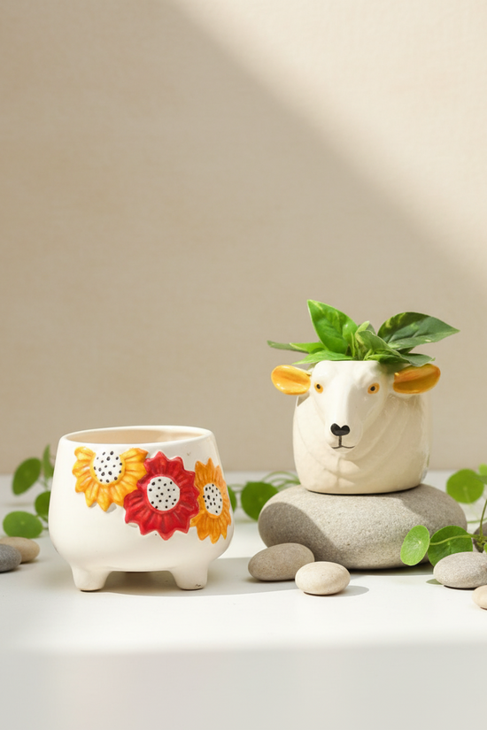 Set of 2 - Floral Bliss & Cow planter combo