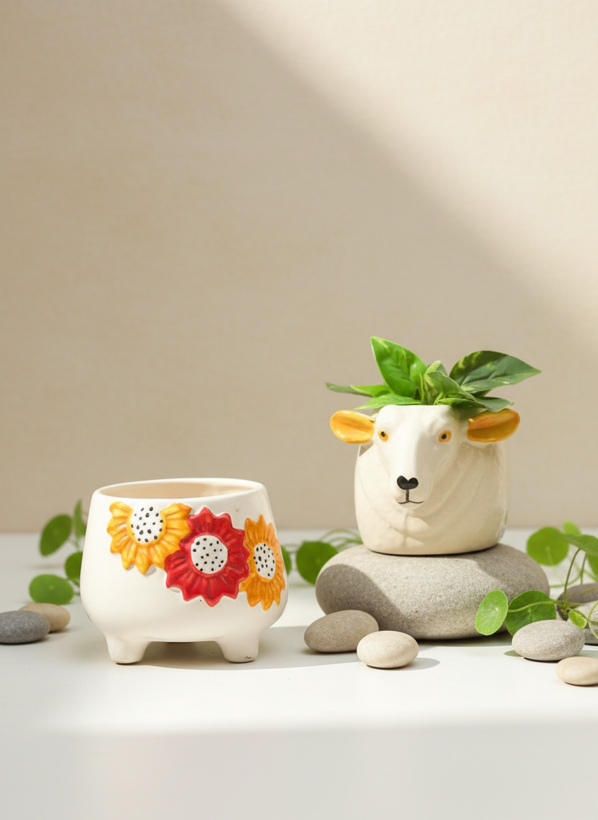 Set of 2 - Floral Bliss & Cow planter combo