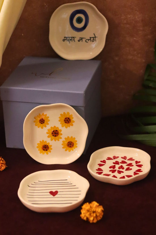 Set of 4 - Hear, Striped heart, Surajmukhi & Nazar handmade dessert plate combo in a Gift box handmade in india