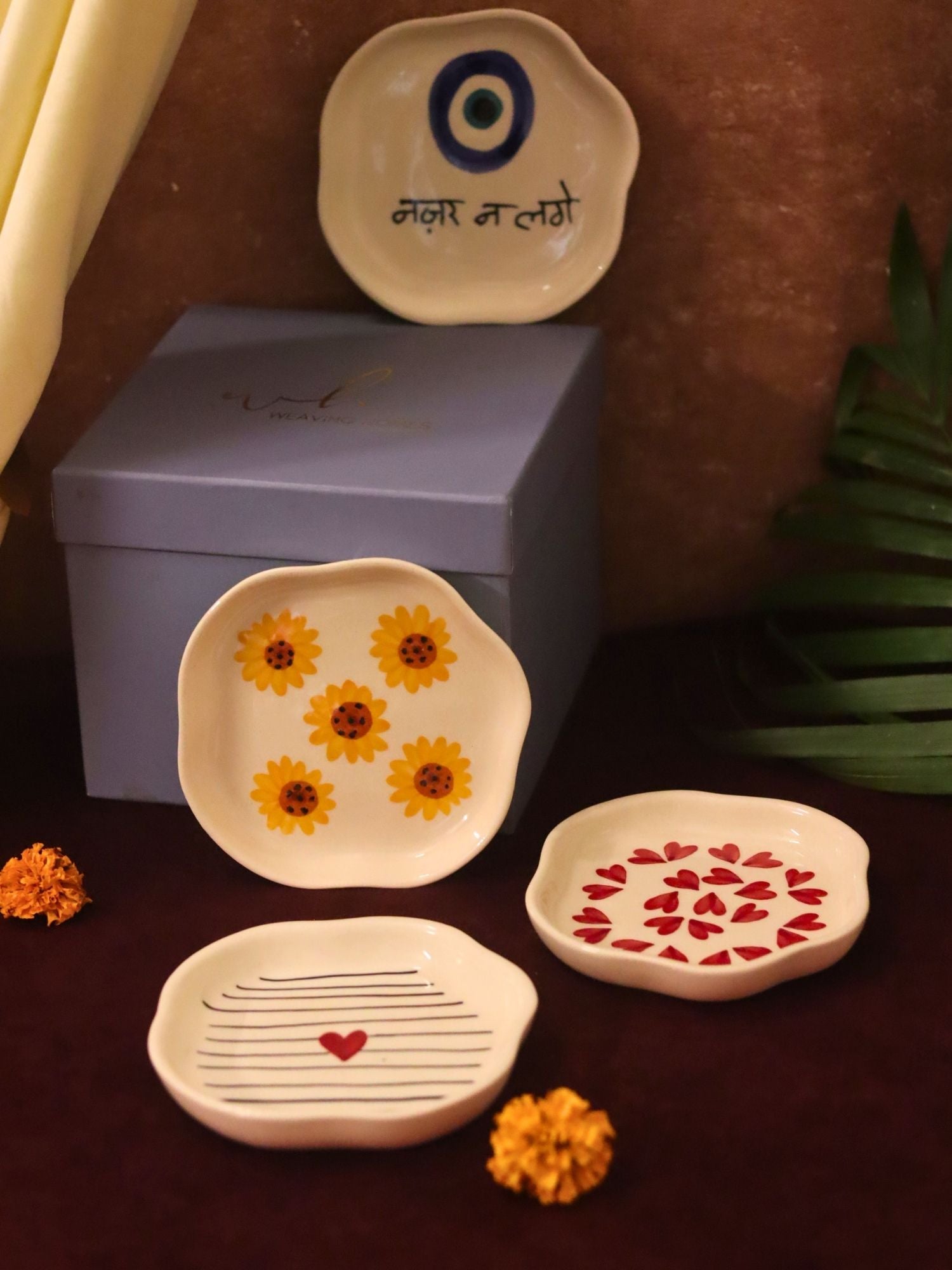 Set of 4 - Hear, Striped heart, Surajmukhi & Nazar handmade dessert plate combo in a Gift box handmade in india