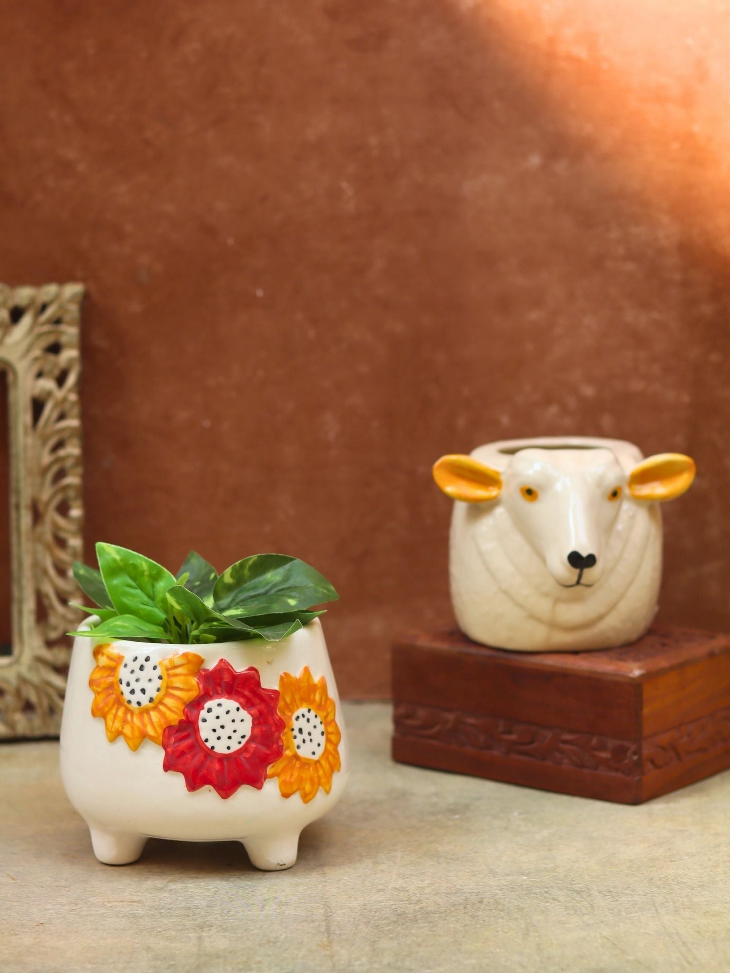 Set of 2 - Floral Bliss & Cow planter combo with premium quality material