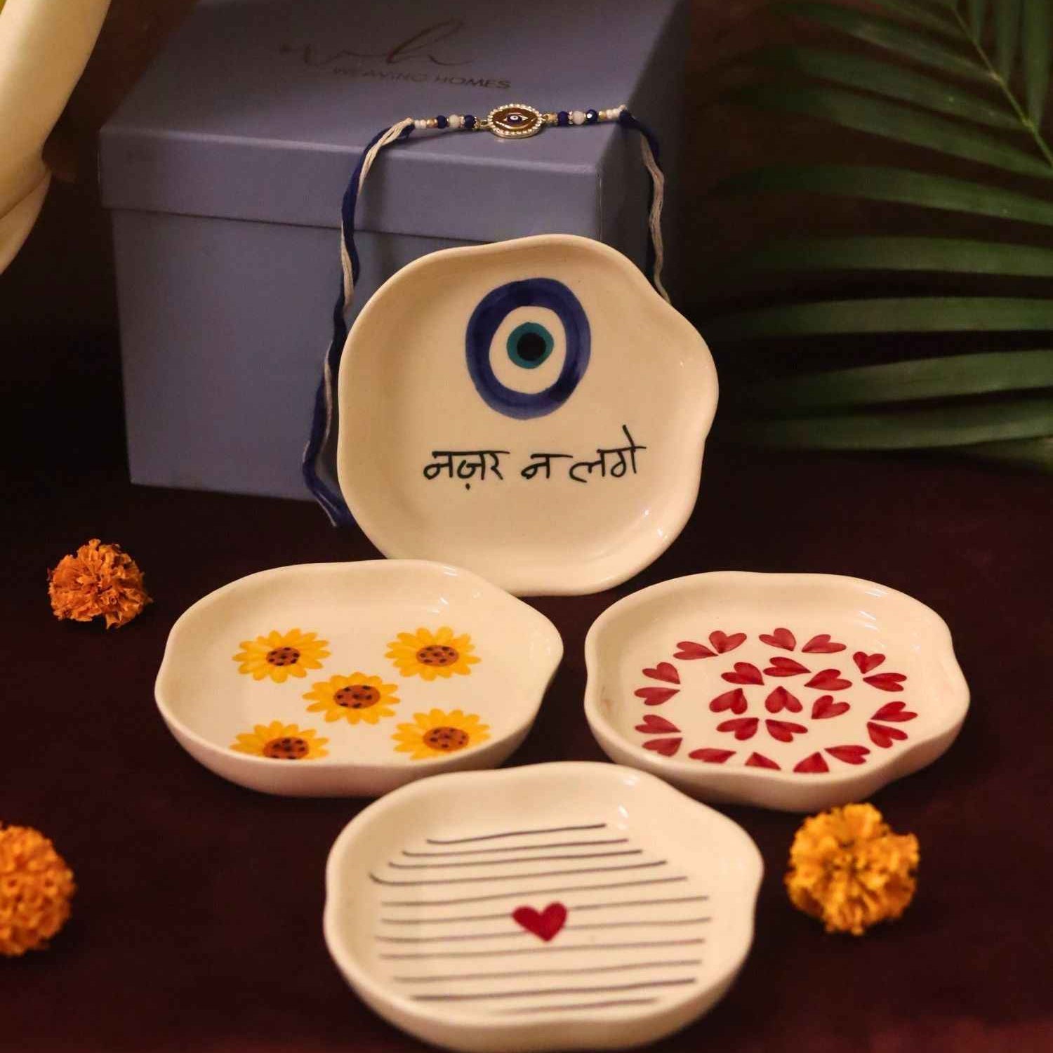 Set of 4 - Heart, Striped heart, Surajmukhi & Nazar handmade dessert plate combo Rakhi Gift box