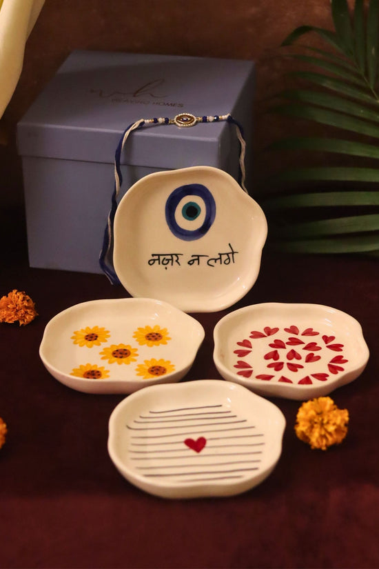 Lead free Set of 4 - Hear, Striped heart, Surajmukhi & Nazar handmade dessert plate combo Rakhi Gift box
