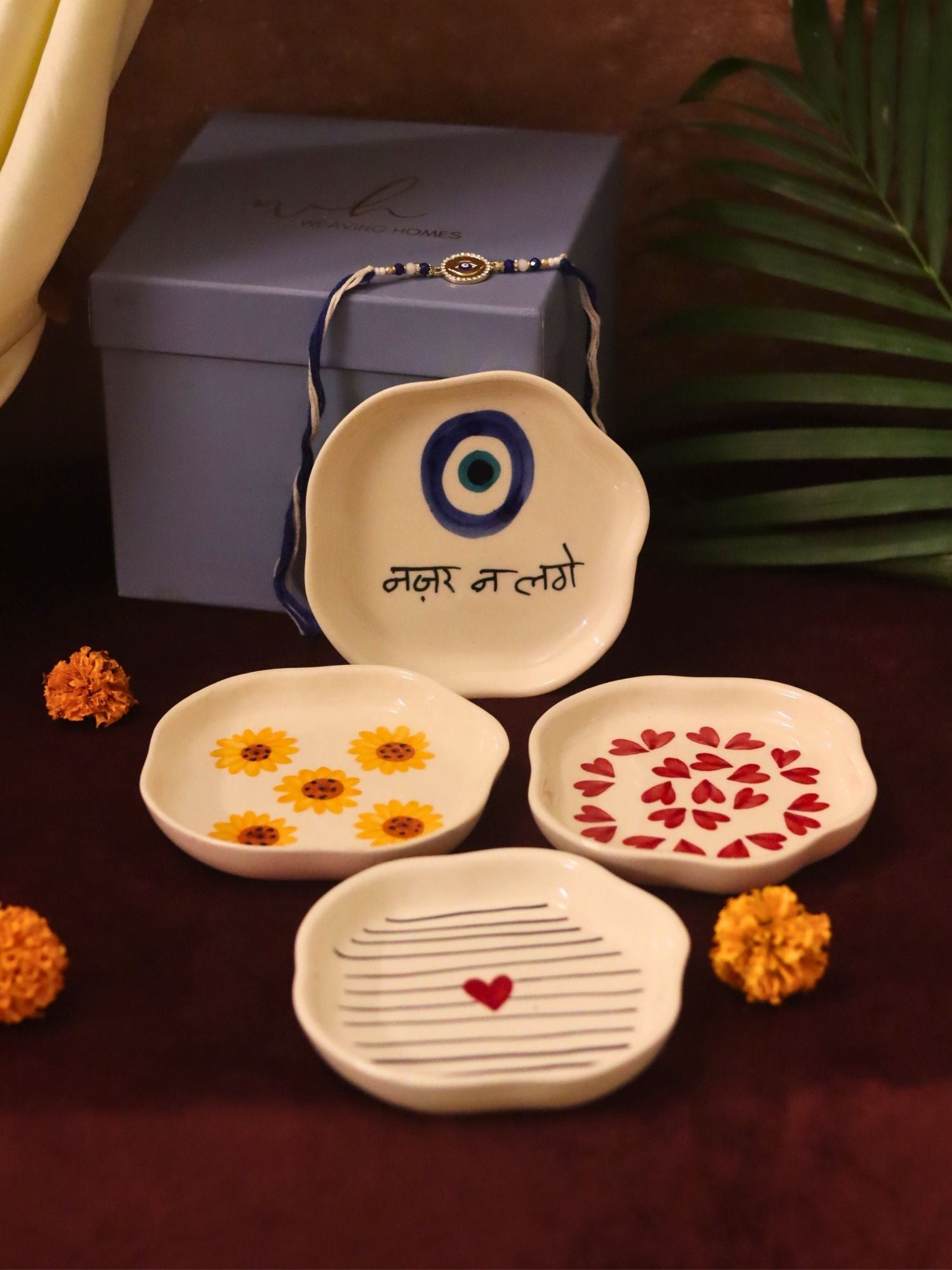 Lead free Set of 4 - Hear, Striped heart, Surajmukhi & Nazar handmade dessert plate combo Rakhi Gift box