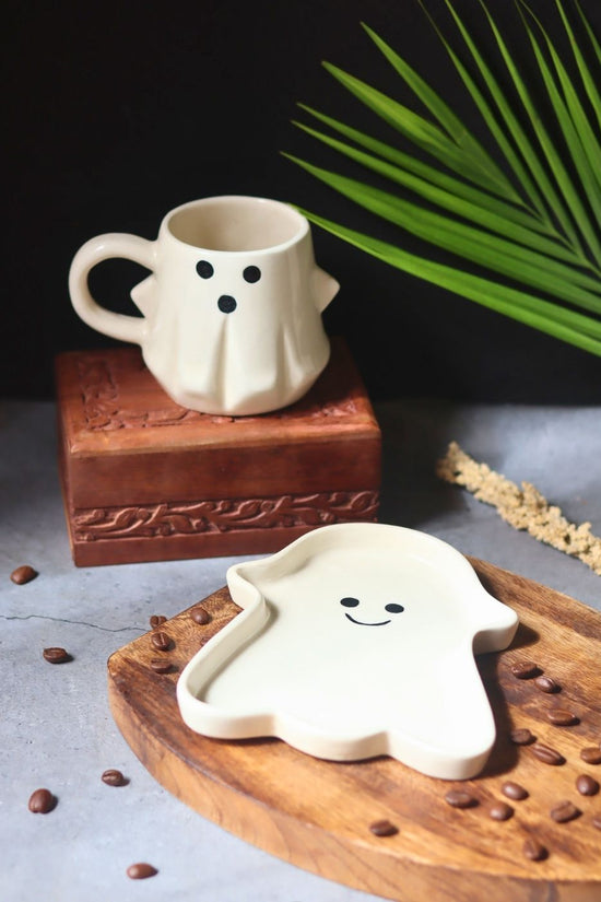 Spooky Ghost Mug & Handmade Dessert Plate handmade in India