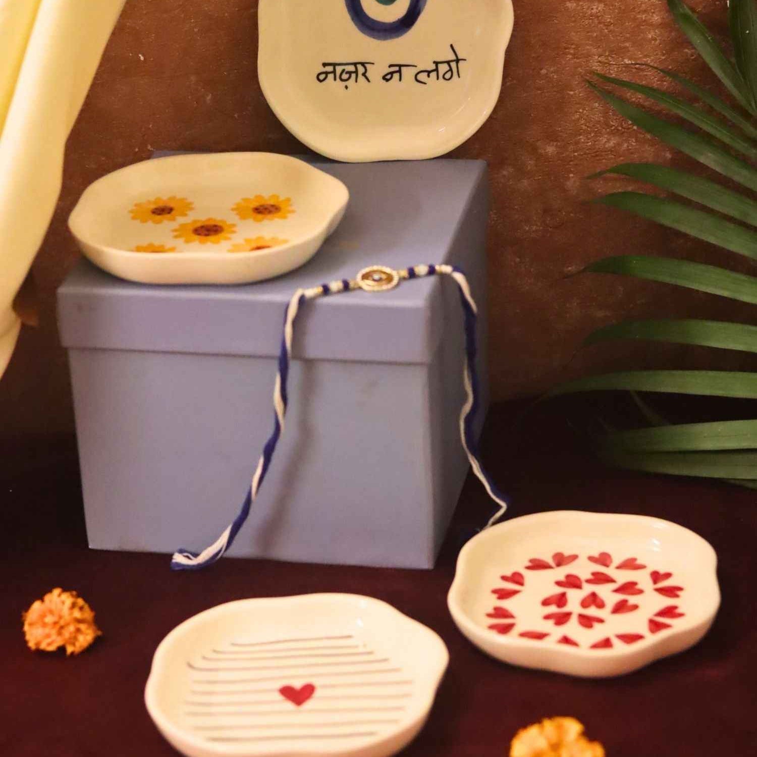 Set of 4 - Heart, Striped heart, Surajmukhi & Nazar handmade dessert plate combo Rakhi Gift box