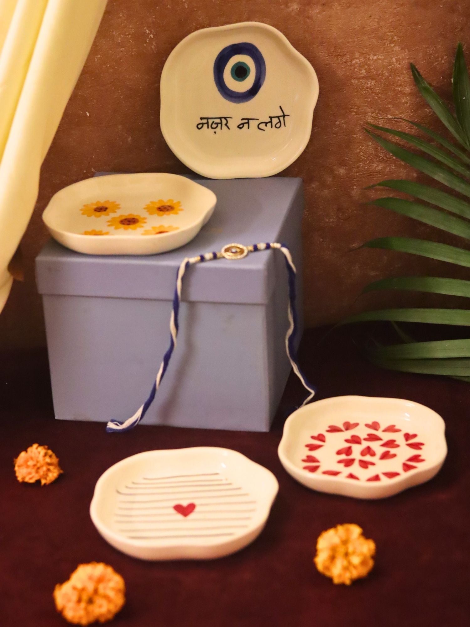 Set of 4 - Hear, Striped heart, Surajmukhi & Nazar handmade dessert plate combo Rakhi Gift box made by ceramic
