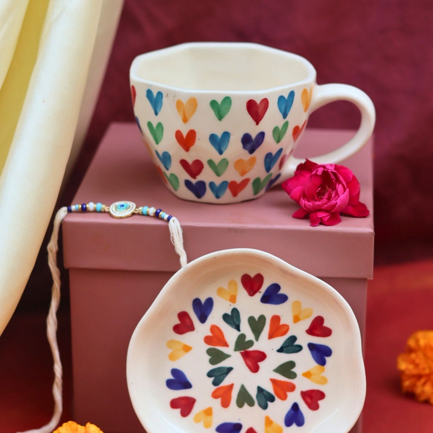 Lead free LoveisLove Mug & LoveisLove Dessert Plate Rakhi Gift Box