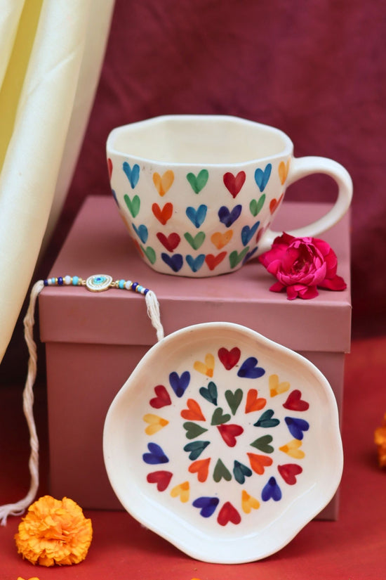 Lead free LoveisLove Mug & LoveisLove Dessert Plate Rakhi Gift Box