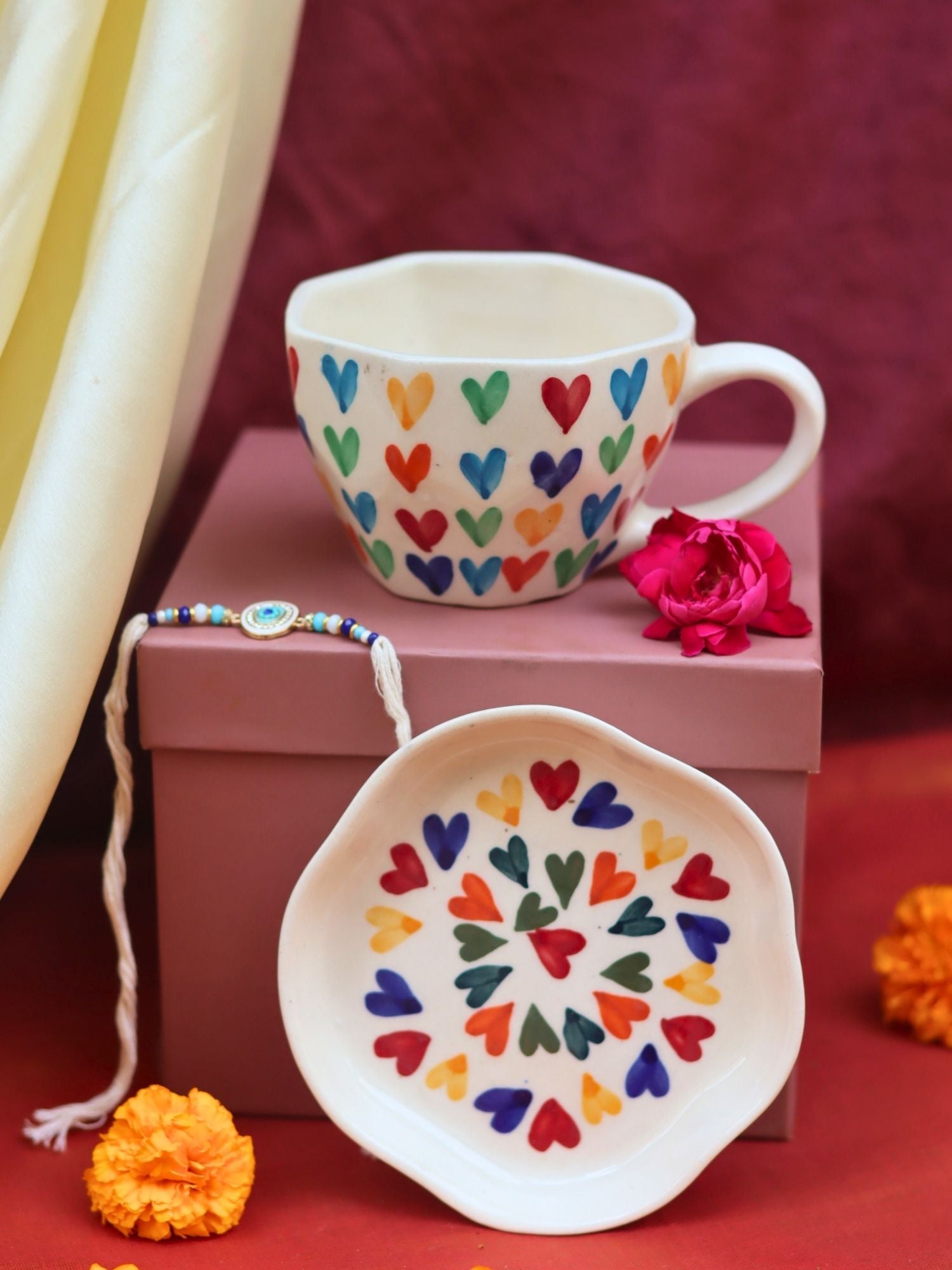 Lead free LoveisLove Mug & LoveisLove Dessert Plate Rakhi Gift Box
