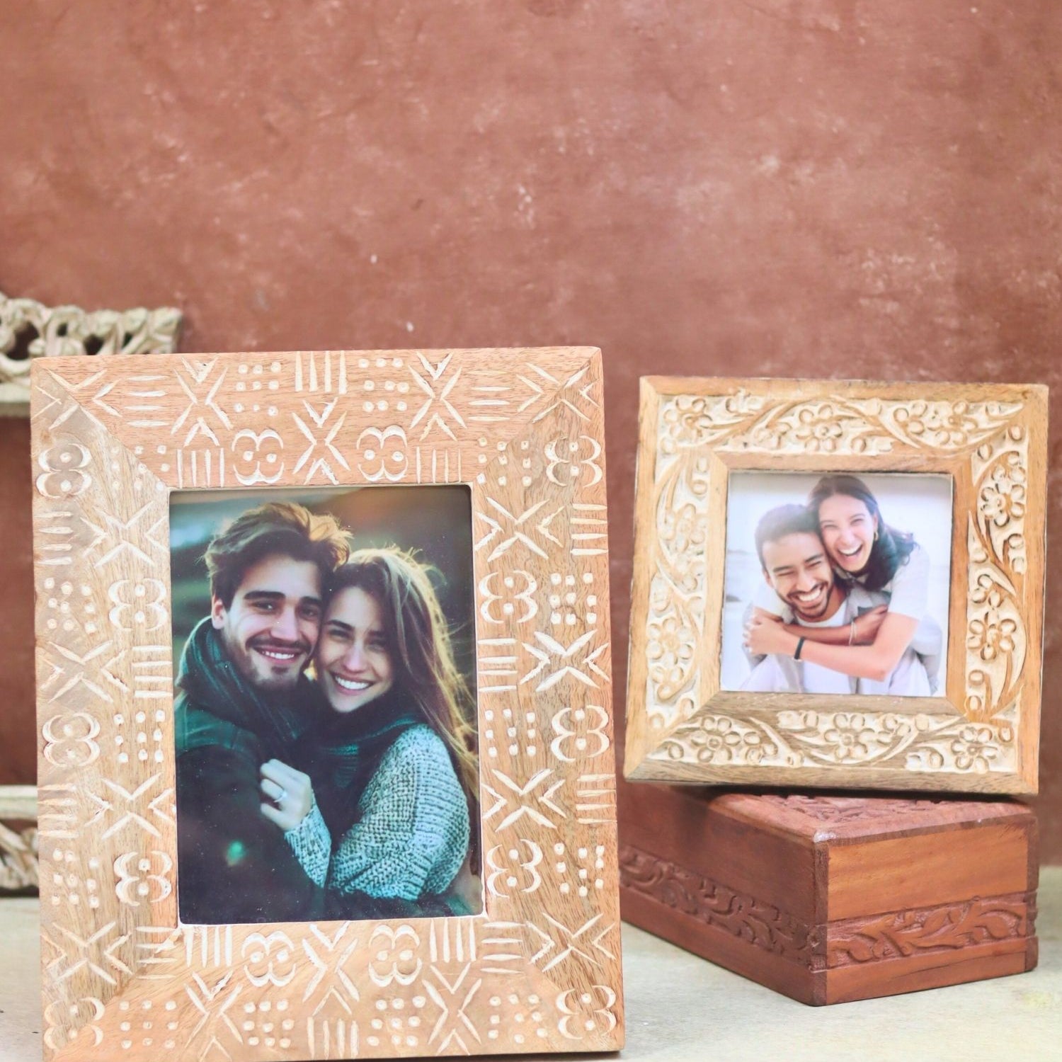 handmade Set of 2 - Carved Floral Square & Aesthetic Carved wooden Frame Combo