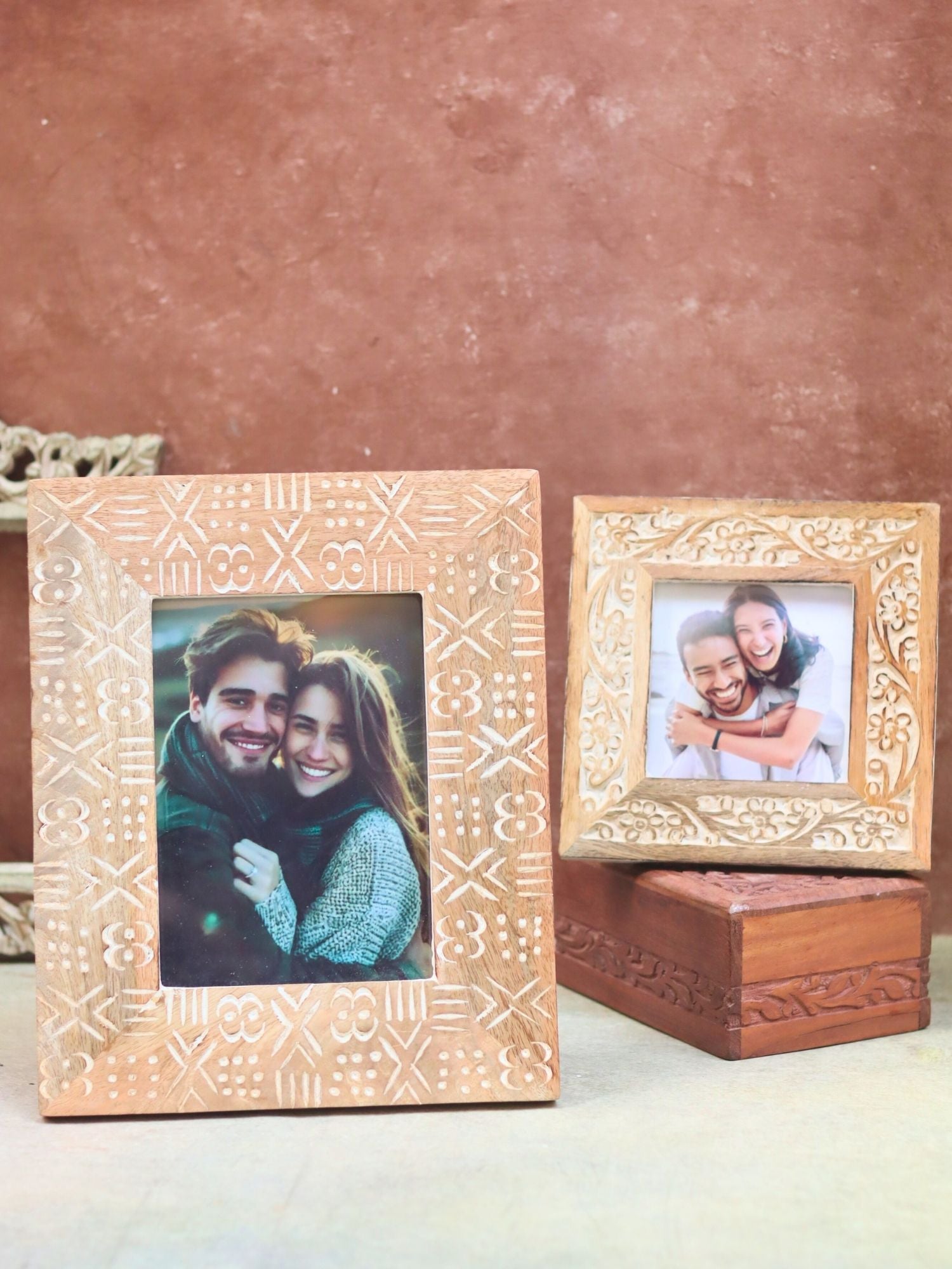 handmade Set of 2 - Carved Floral Square & Aesthetic Carved wooden Frame Combo