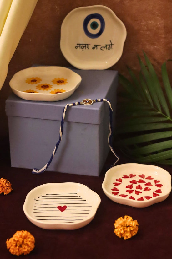 Set of 4 - Hear, Striped heart, Surajmukhi & Nazar handmade dessert plate combo Rakhi Gift box with premium quality material