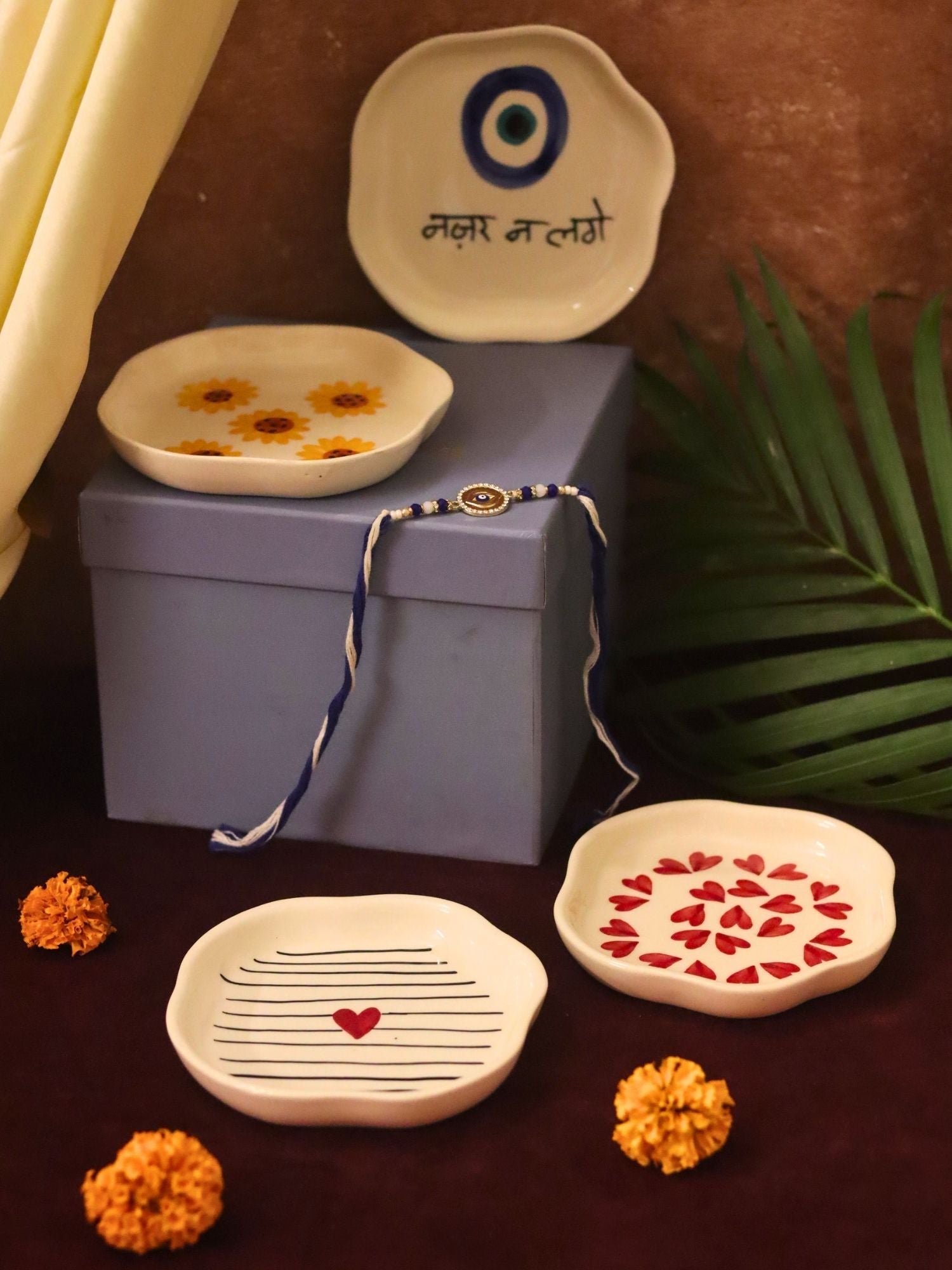 Set of 4 - Hear, Striped heart, Surajmukhi & Nazar handmade dessert plate combo Rakhi Gift box with premium quality material