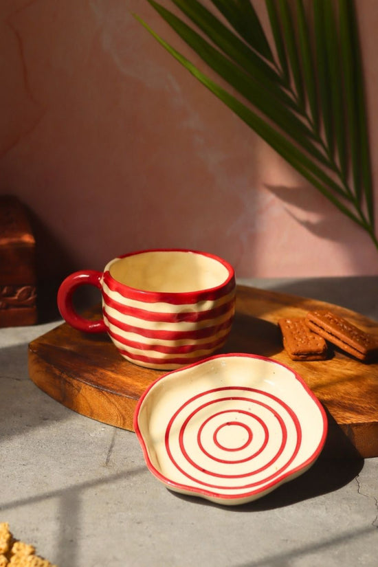 Red Lined Mug & Handmade Dessert Plate made by ceramic