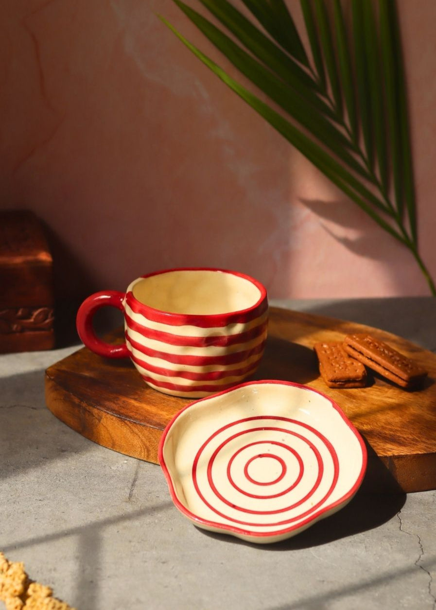 Red Lined Mug & Handmade Dessert Plate made by ceramic