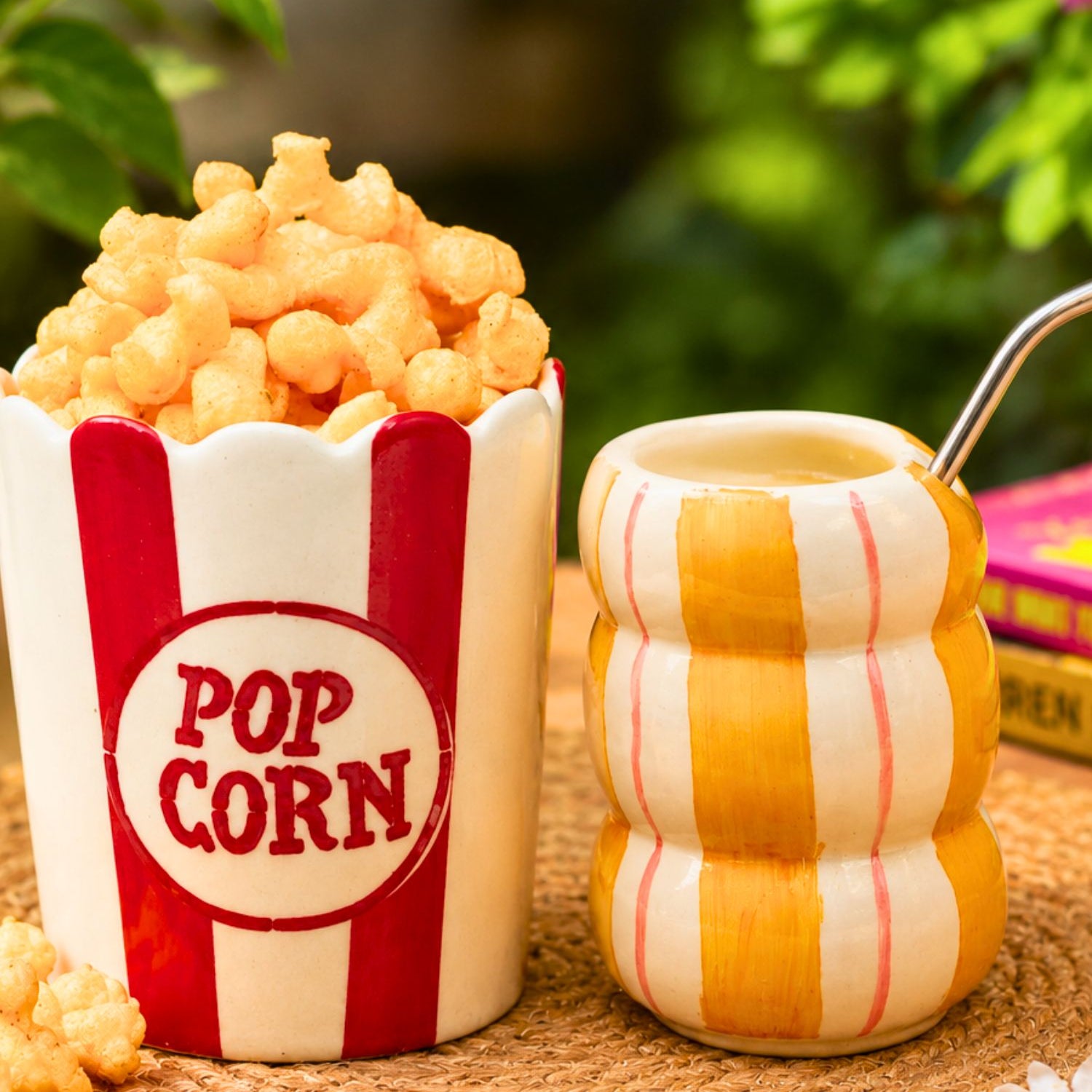 handmade Set of 2 - Popcorn Tub & Yellow Striped Sipper Combo
