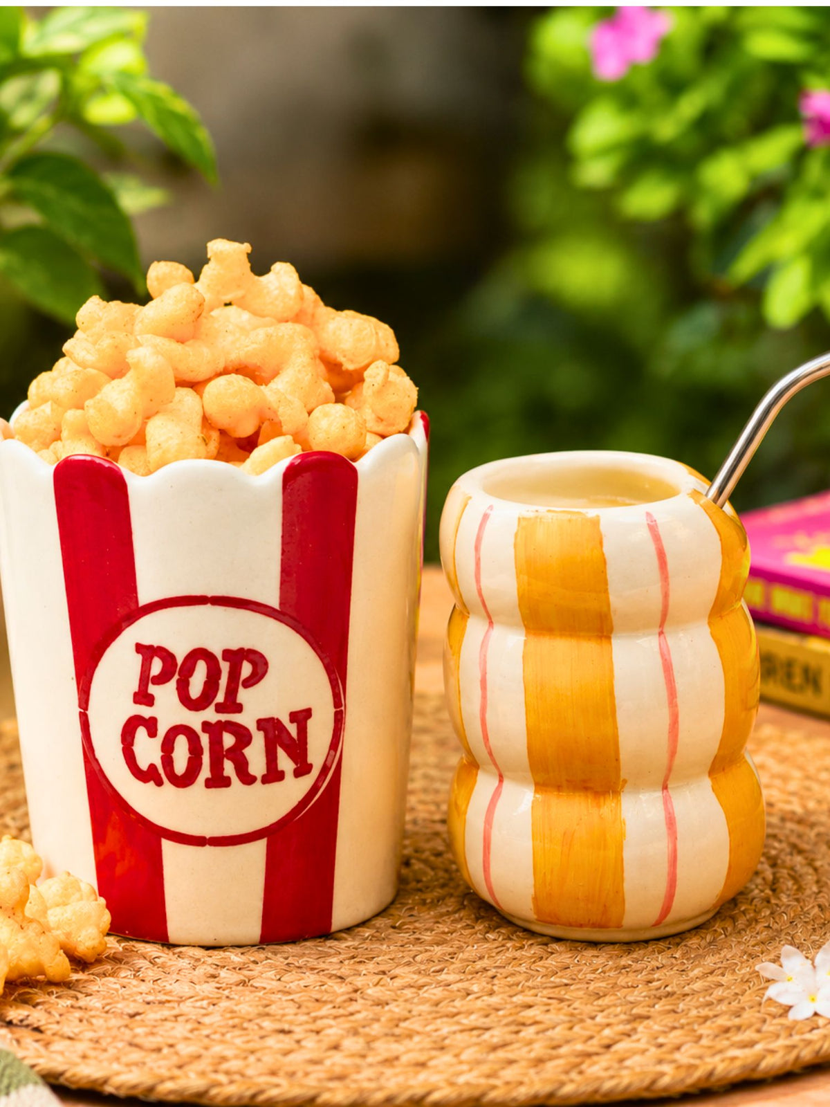 handmade Set of 2 - Popcorn Tub & Yellow Striped Sipper Combo